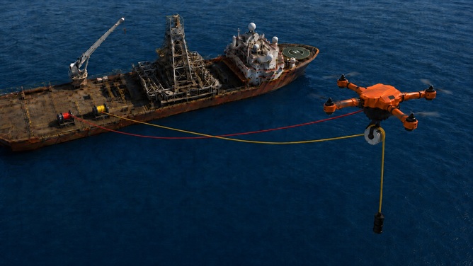 Drone-positioned pulley deploying a payload from a vessel-based winch